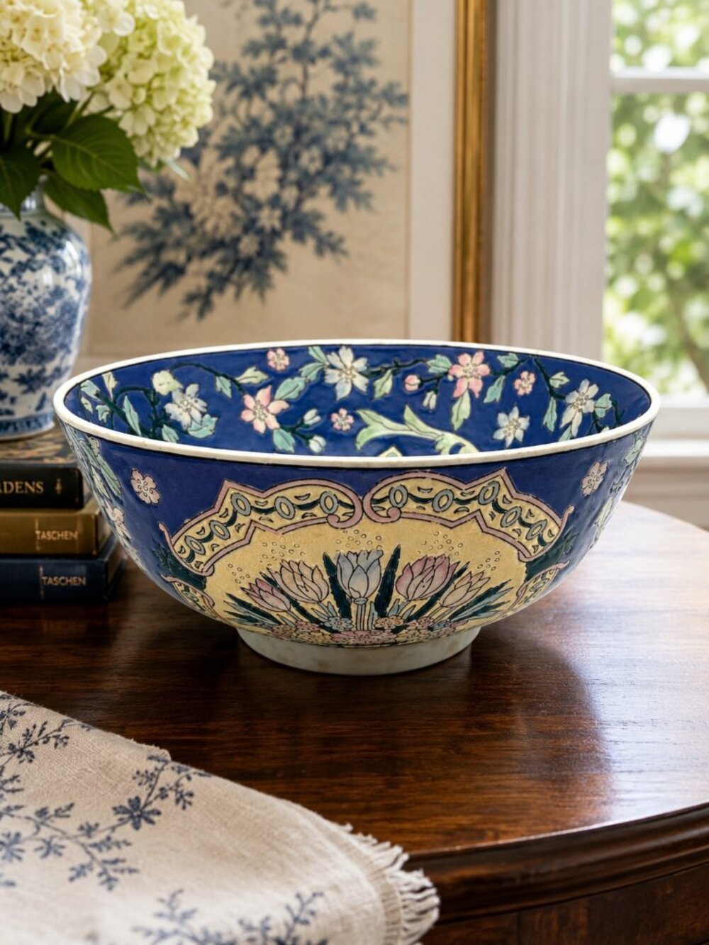 Vtg Blue Floral hand painted Macau Decorative Porcelain Bowl 10" Chinoiserie